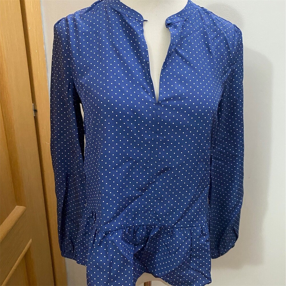 J.Crew Blouse Womens Size 0 Blue & White Polka Dot Peplum Split Neck